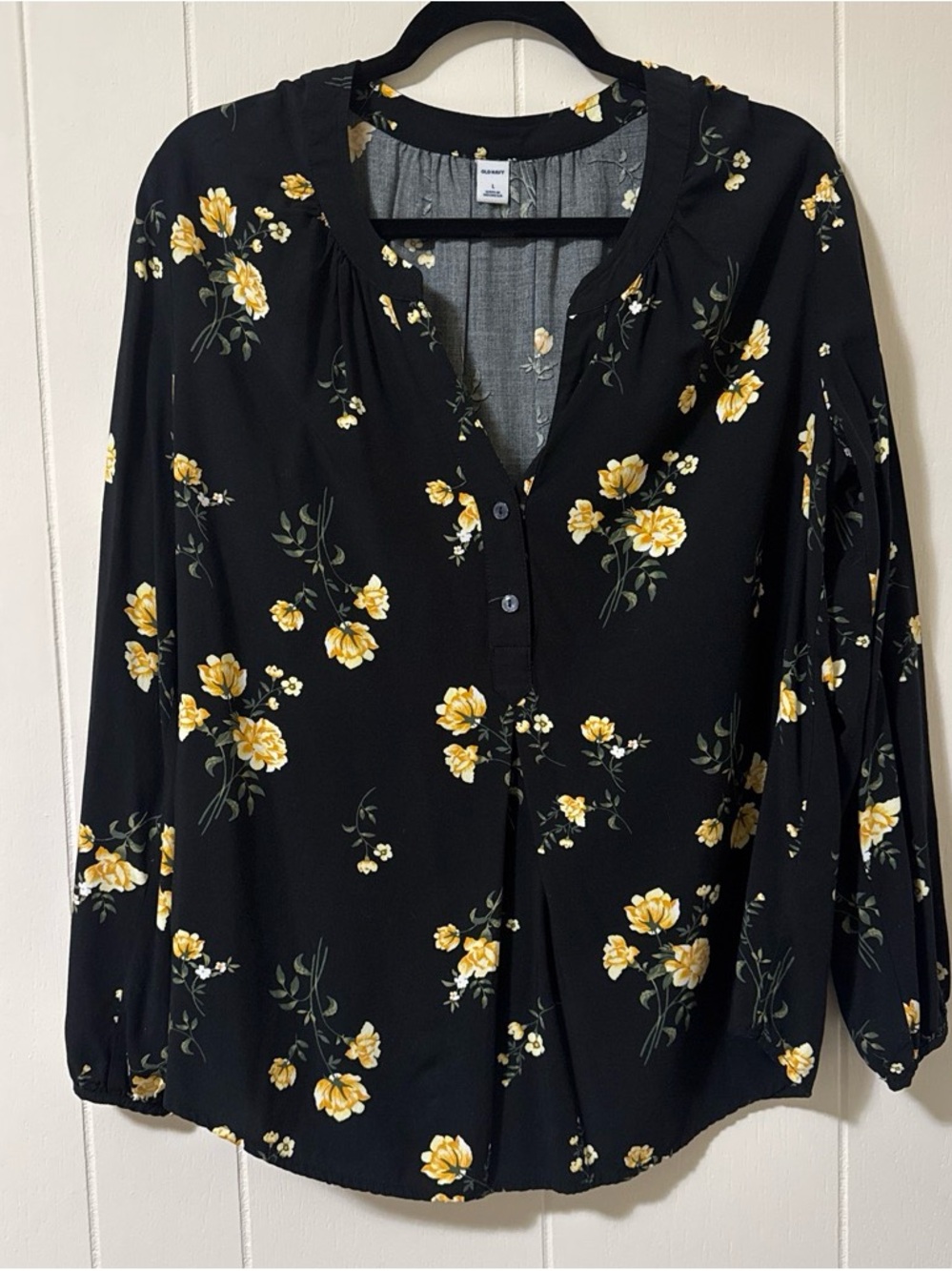 Old Navy Black Long-Sleeve Blouse with Yellow Floral Print